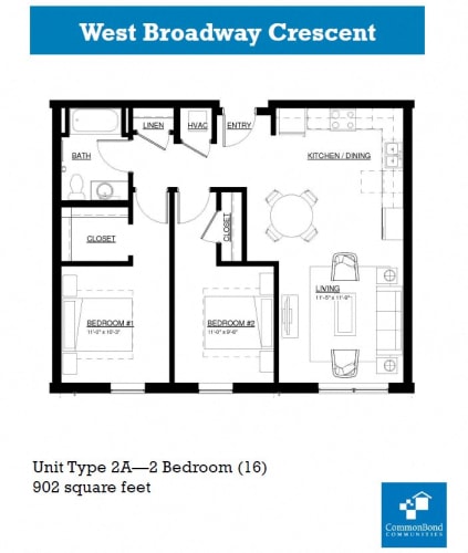 Floor plan for 2 beds, 1 bath, 1003 sqft